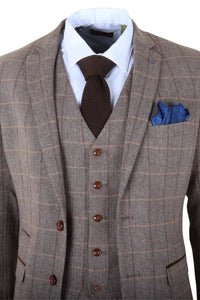 Harris - Men's Brown 3 Piece Herringbone Check Tweed Suit