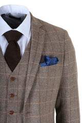 Harris - Men's Brown 3 Piece Herringbone Check Tweed Suit