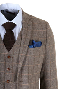 Harris - Men's Brown 3 Piece Herringbone Check Tweed Suit