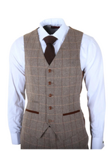 Harris - Men's Brown 3 Piece Herringbone Check Tweed Suit