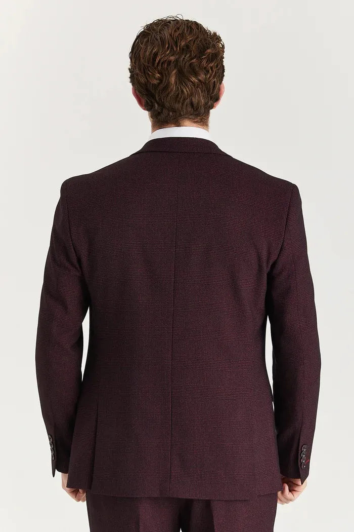 Regent - Men's Wine 3 Piece Prince Of Wales Checked Suit