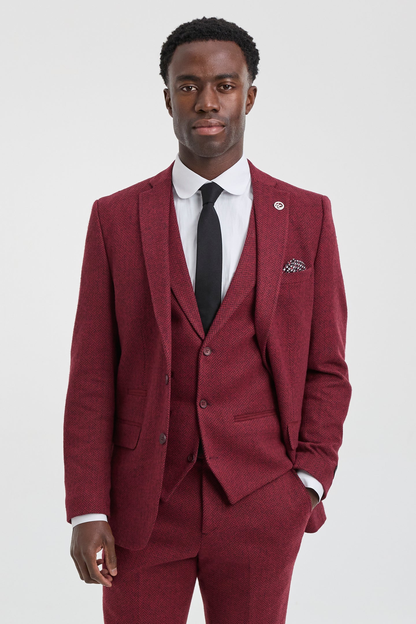 Men's Herringbone Wine Maroon 3 Piece Tweed Suit - STZ11