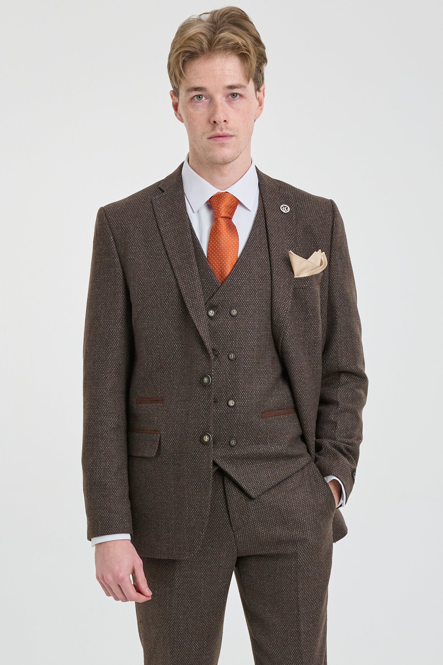 Mens Brown 3 Piece Suit with Double Breasted Waistcoat
