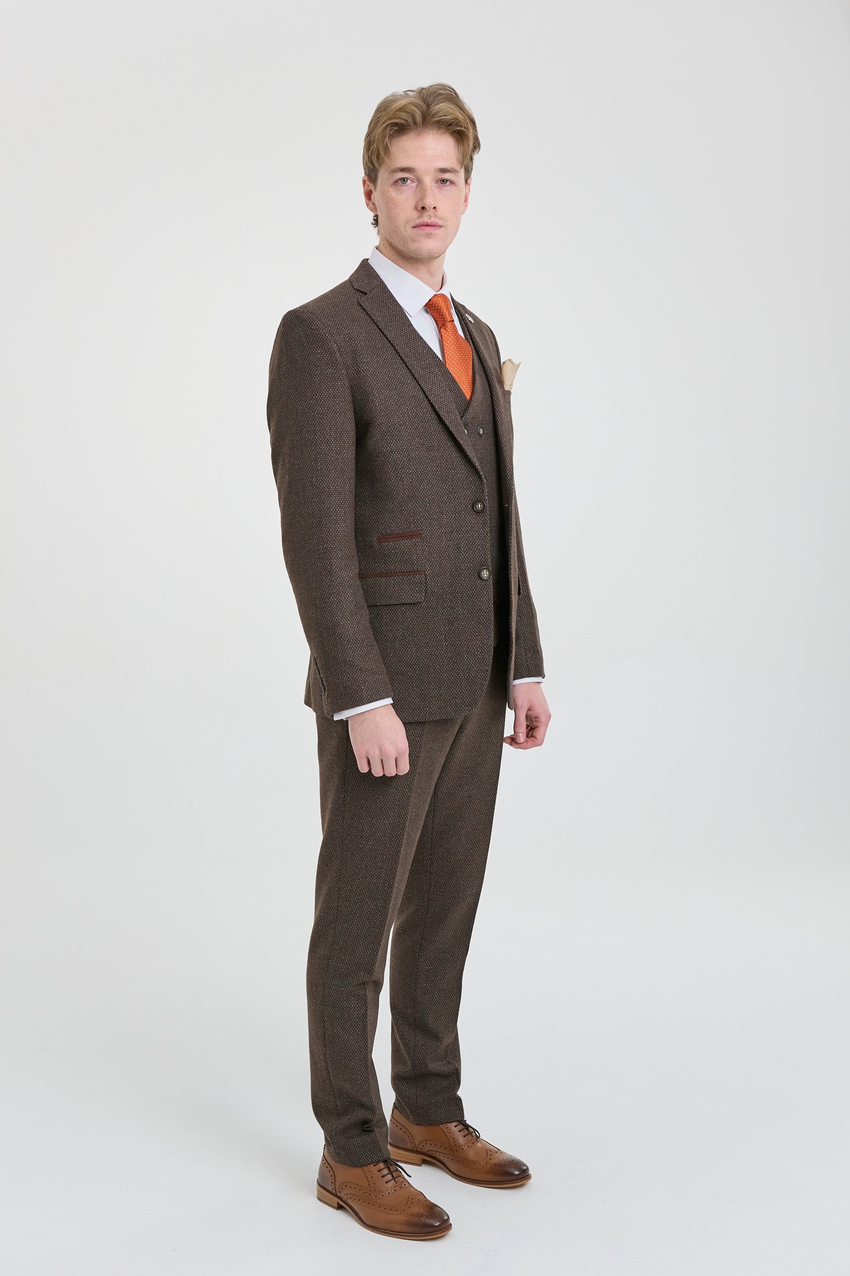 Mens Brown 3 Piece Suit with Double Breasted Waistcoat