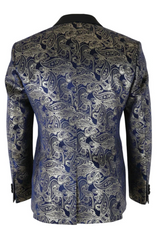 STZ63 - Mens Velvet Paisley Floral Blue Gold Tuxedo Blazer