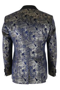 STZ63 - Mens Velvet Paisley Floral Blue Gold Tuxedo Blazer