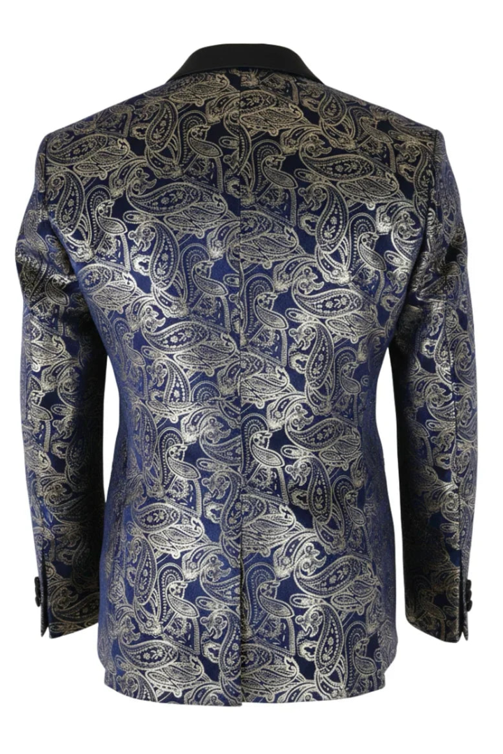STZ63 - Mens Velvet Paisley Floral Blue Gold Tuxedo Blazer