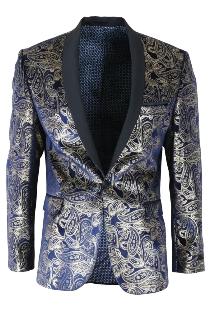 STZ63 - Mens Velvet Paisley Floral Blue Gold Tuxedo Blazer