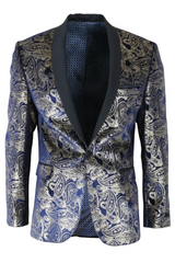 STZ63 - Mens Velvet Paisley Floral Blue Gold Tuxedo Blazer