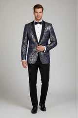 STZ63 - Mens Velvet Paisley Floral Blue Gold Tuxedo Blazer