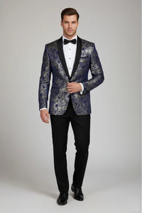 STZ63 - Mens Velvet Paisley Floral Blue Gold Tuxedo Blazer