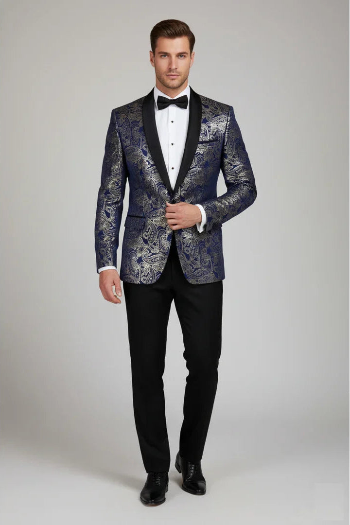 STZ63 - Mens Velvet Paisley Floral Blue Gold Tuxedo Blazer