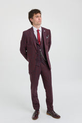 Men's 3 Piece Suit Wool Tweed Plum Wine Check 1920s Gatsby