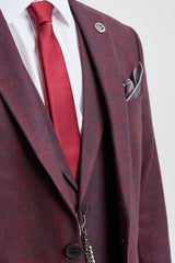 Men's 3 Piece Suit Wool Tweed Plum Wine Check 1920s Gatsby