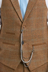 Men's 3 Piece Suit Wool Tweed Herringbone Tan Brown Blue Check 1920s Gatsby