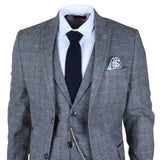 Men's 3 Piece Suit Wool Tweed Light Blue Grey Check