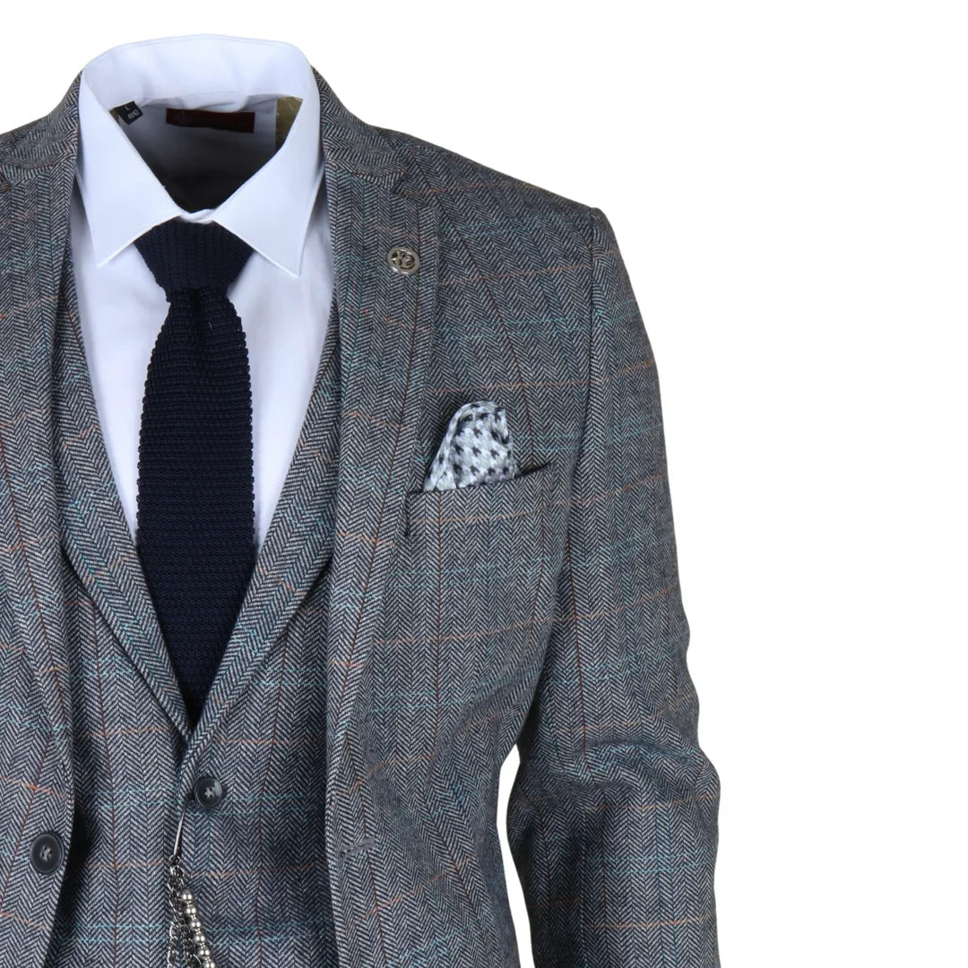 Men's 3 Piece Suit Wool Tweed Light Blue Grey Check