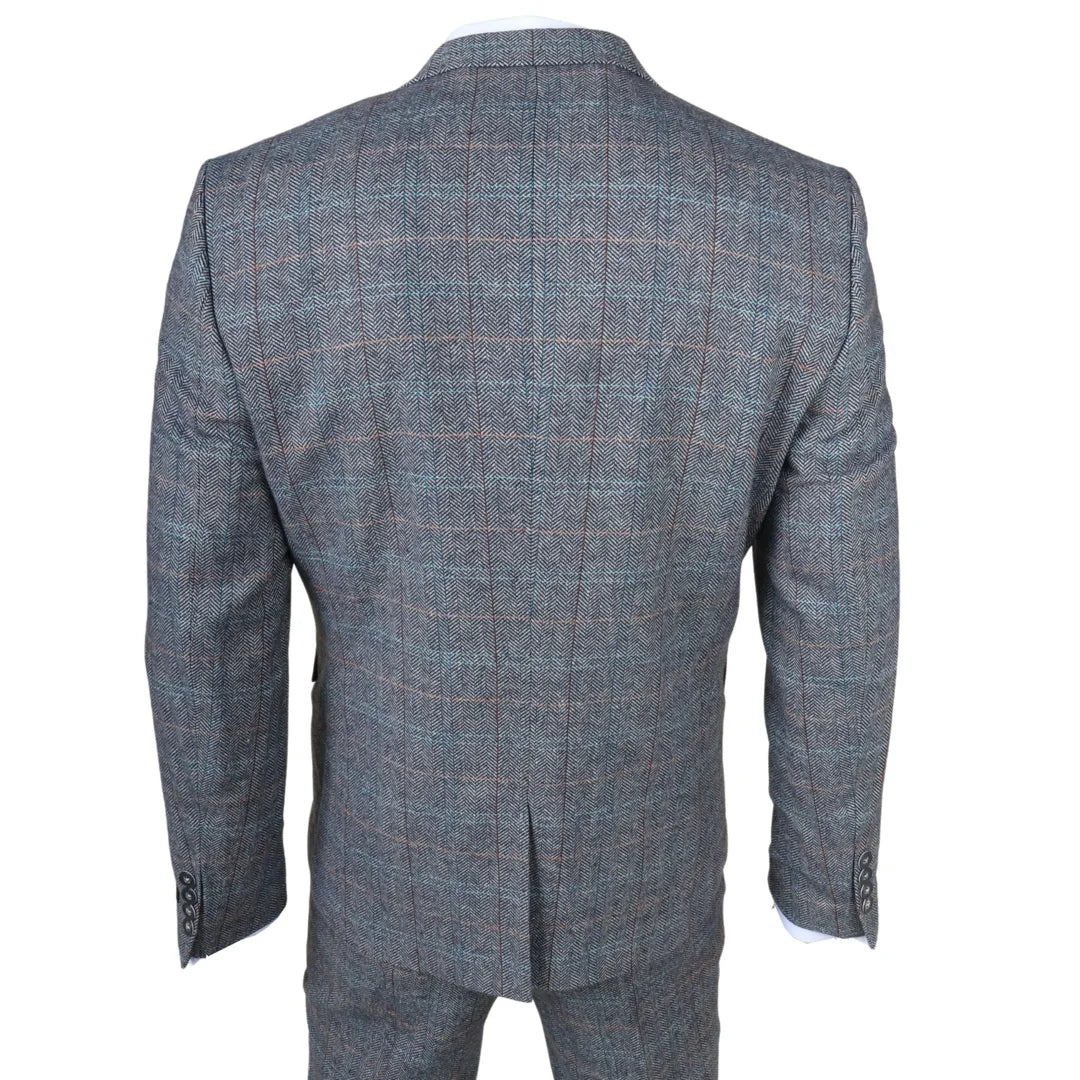 Men's 3 Piece Suit Wool Tweed Light Blue Grey Check