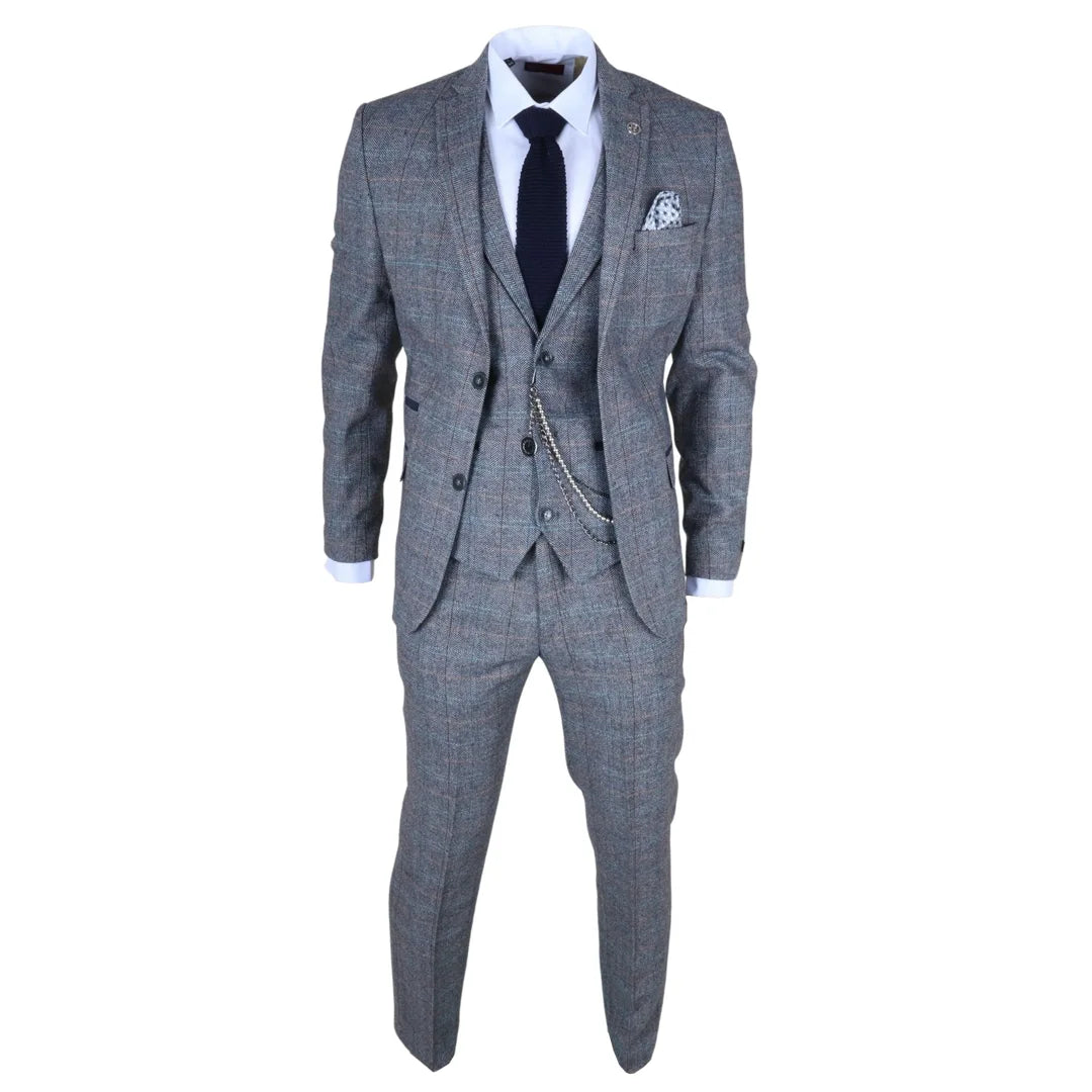 Men's 3 Piece Suit Wool Tweed Light Blue Grey Check