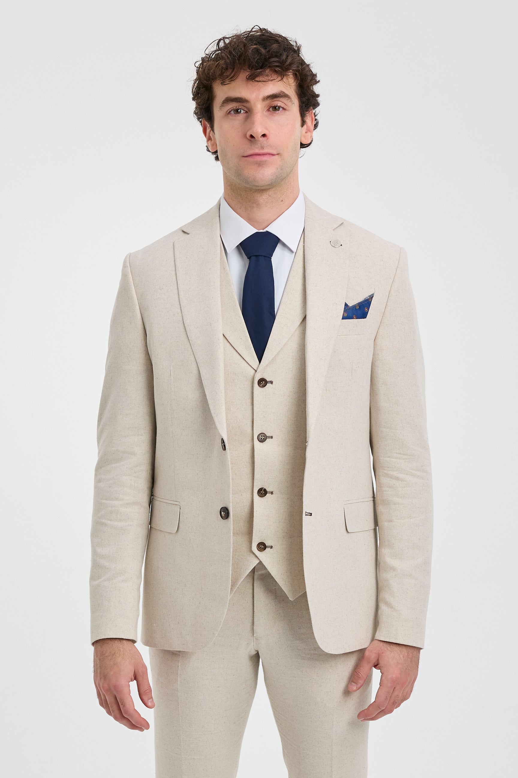 TP-21 Men's Beige 3-Piece Linen Summer Wedding Suit