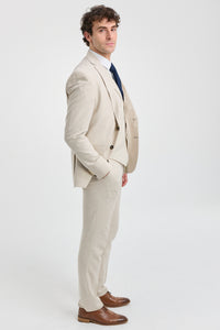 TP-21 Men's Beige 3-Piece Linen Summer Wedding Suit