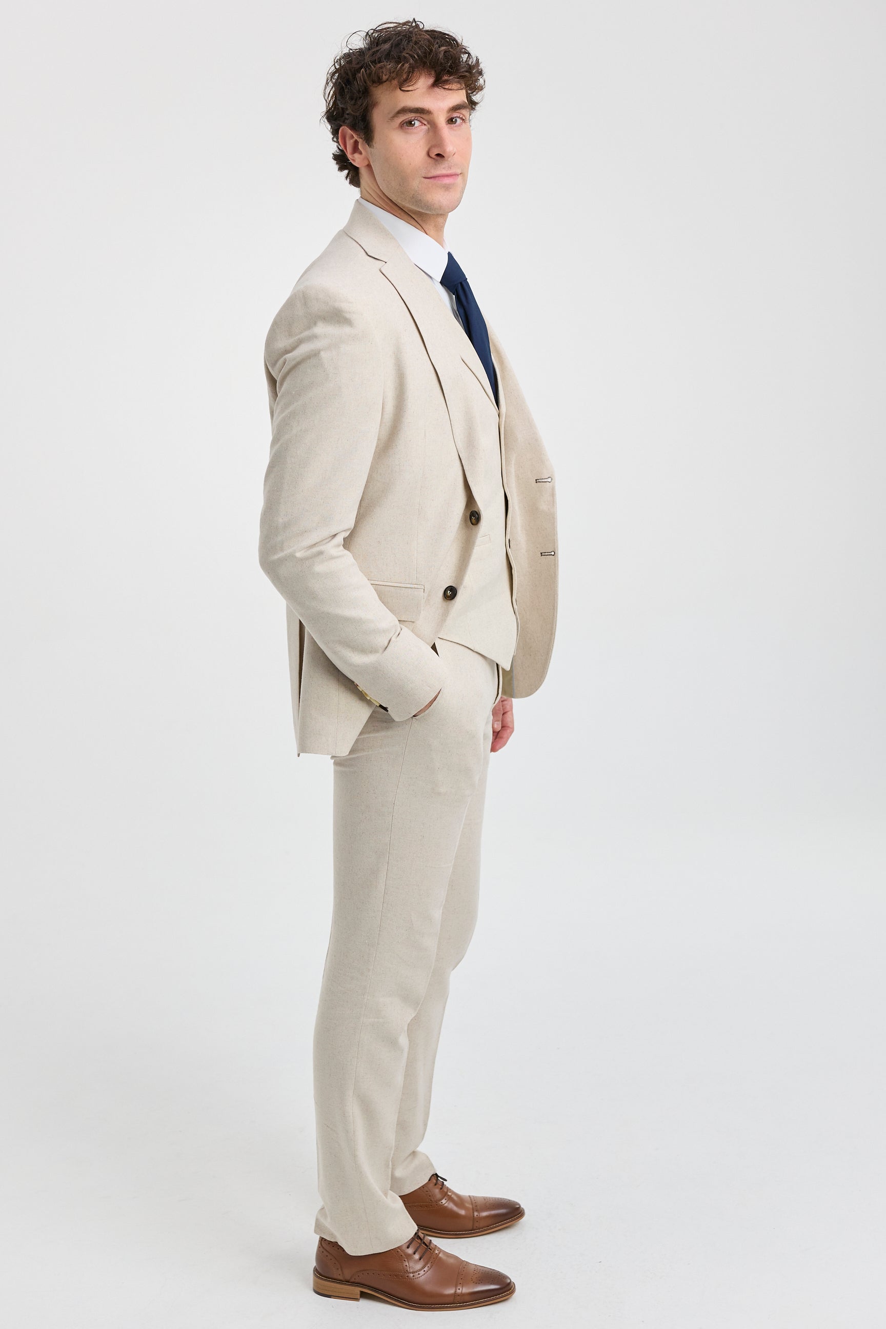 TP-21 Men's Beige 3-Piece Linen Summer Wedding Suit
