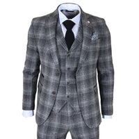 Gray checkered suit with a white shirt, black tie, and pocket square on a white background