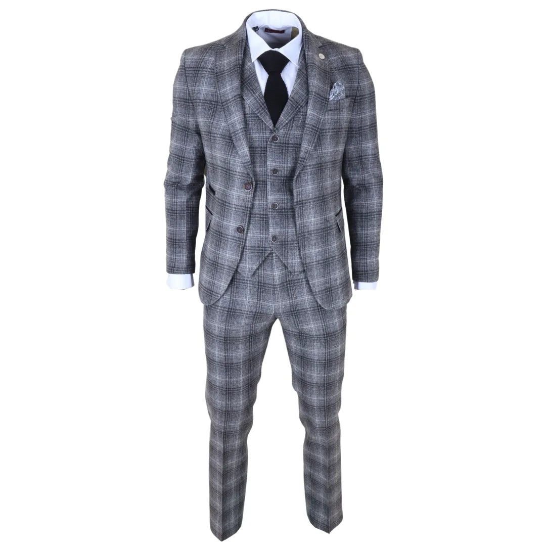 Men's Grey Tweed Check 3 Piece Suit