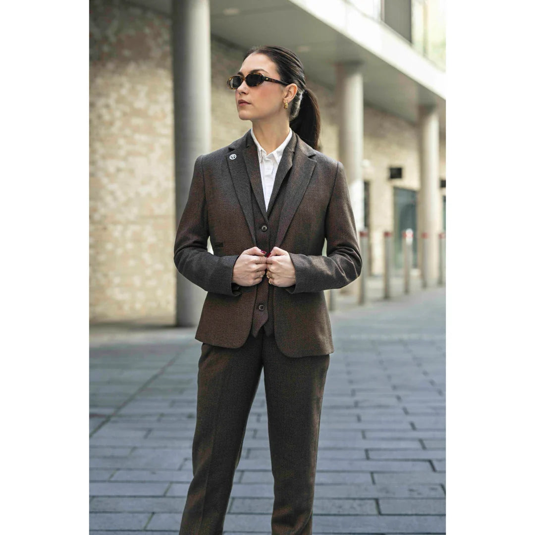 TPW-AK-06 - Women's Brown 3 Piece Herringbone Tweed Suit