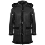 Men's Shearling Sheepskin Duffle Coat WW2 UK Winter 3/4 Leather Hood