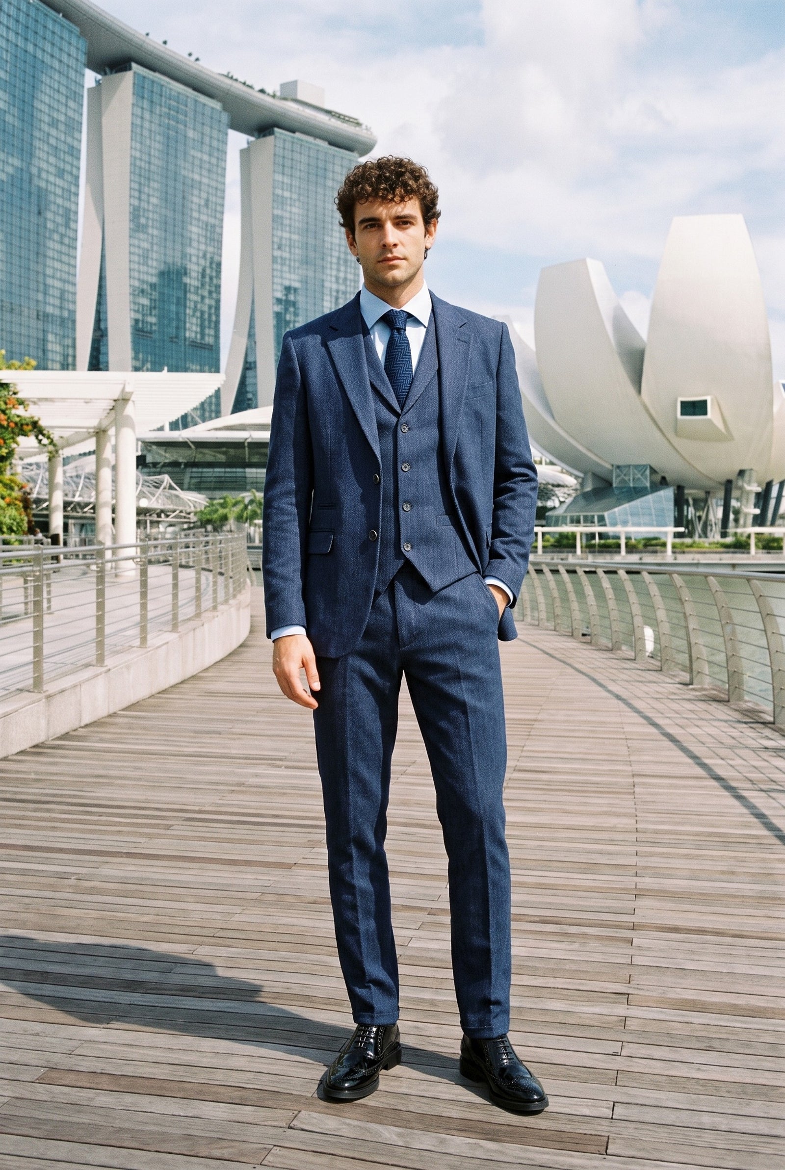 Look #989 styled with Men's Navy-Blue Herringbone Tweed 3 Piece Suit