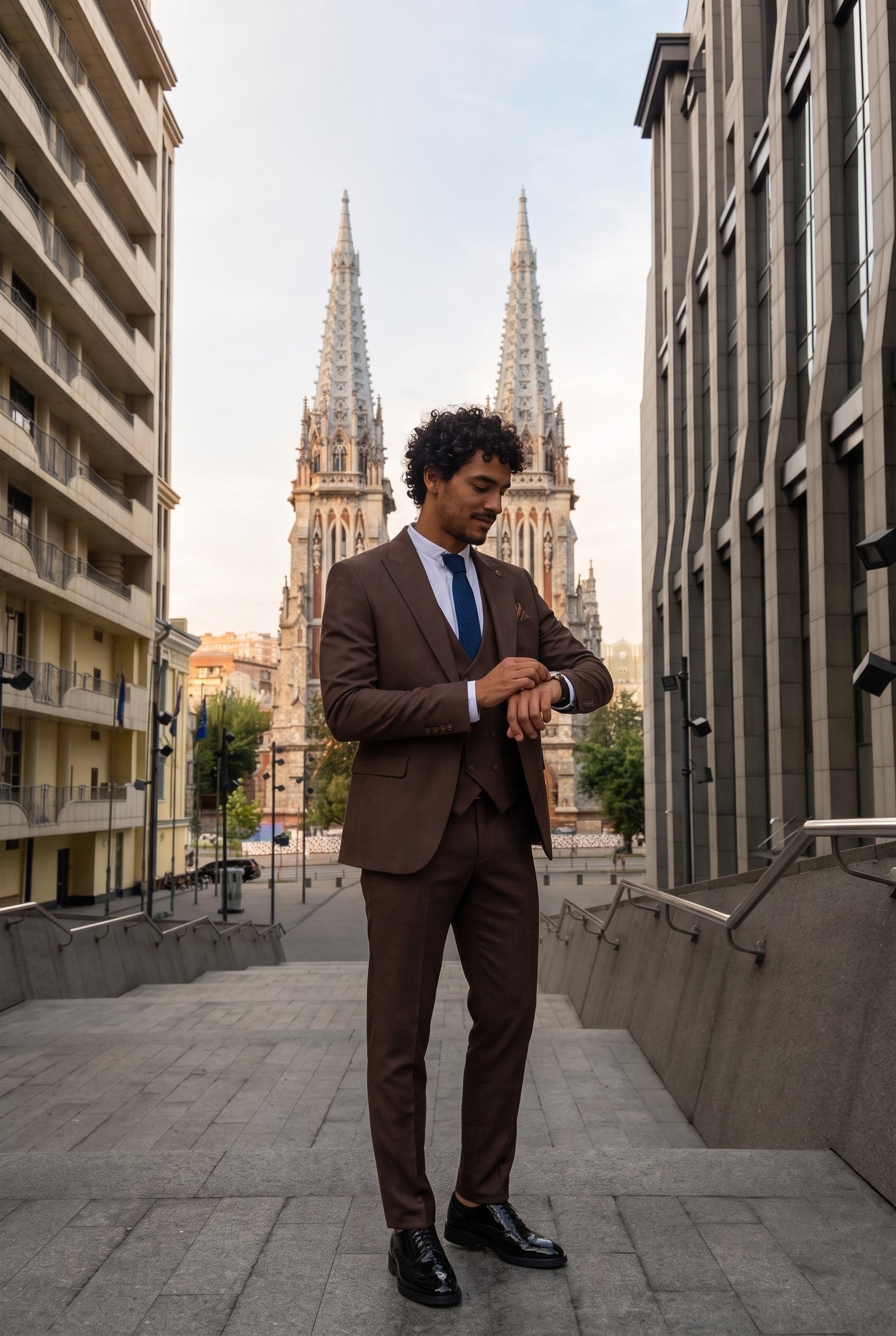 Look #305 styled with IM32 - Men's Plain Dark Brown 3 Piece Suit