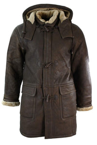 Mens Winter Real Sheepskin Leather Duffle Safari Jacket Brown & Cream Hood Vintage-B3 Brown Ginger