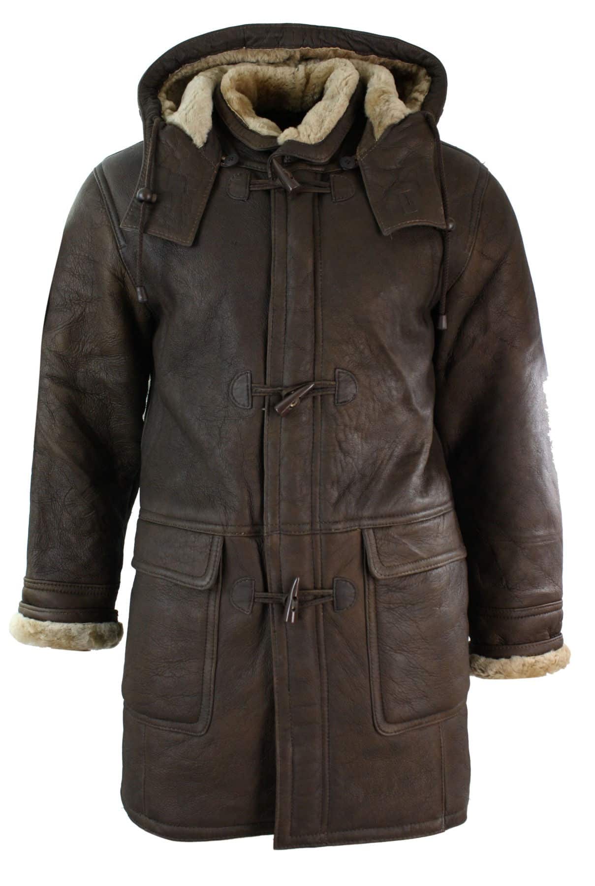 Mens Winter Real Sheepskin Leather Duffle Safari Jacket Brown & Cream Hood Vintage-B3 Brown Ginger