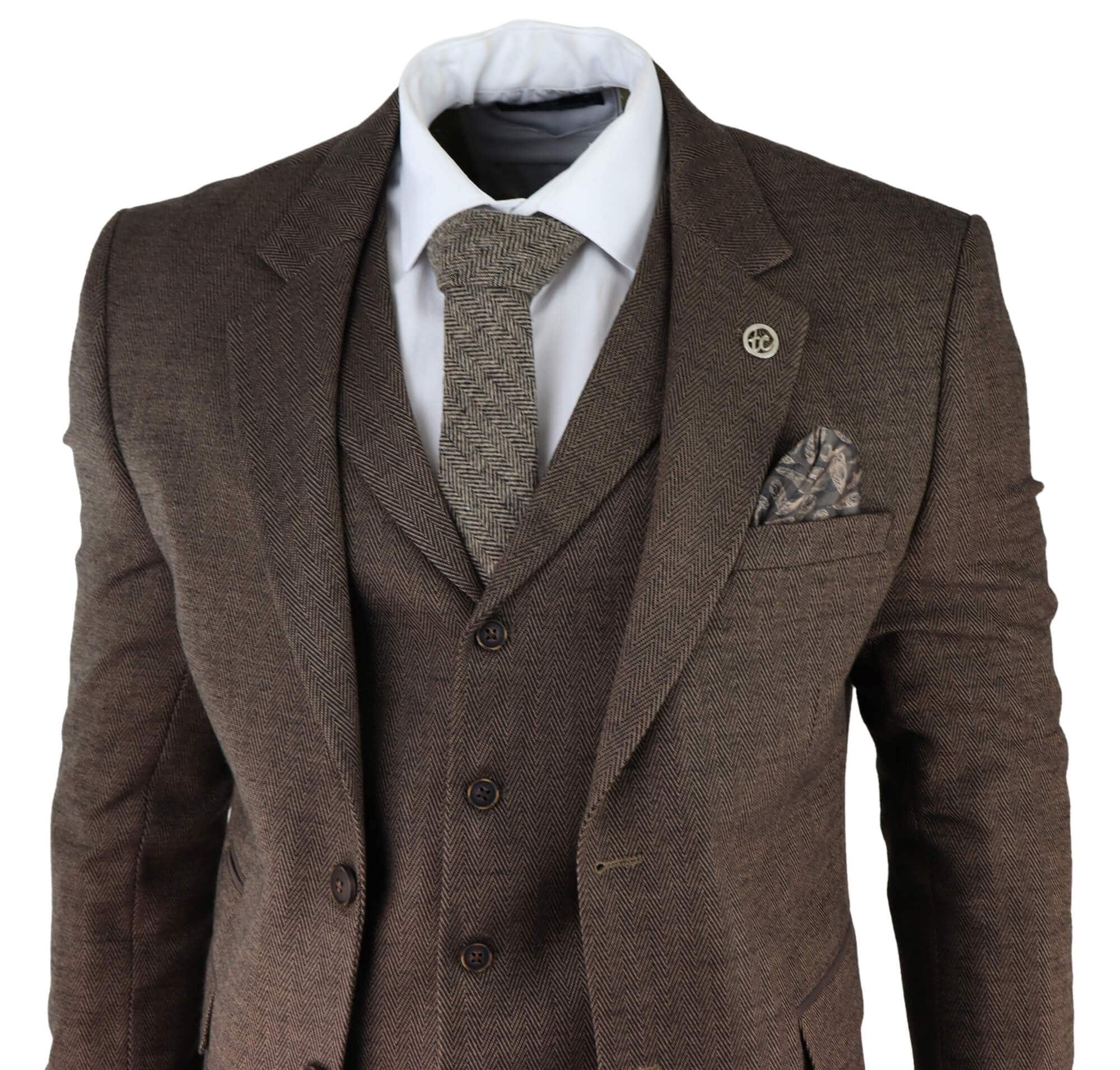 Men's Brown Herringbone Tweed 3 Piece Suit: Buy Online - Happy