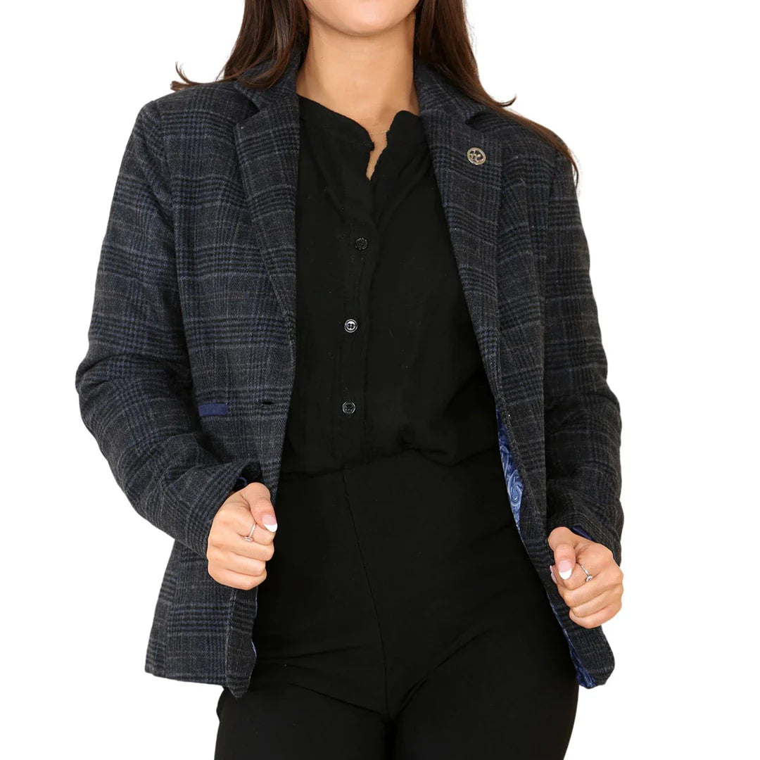 Women's Tweed Check Blazer Blue Suit