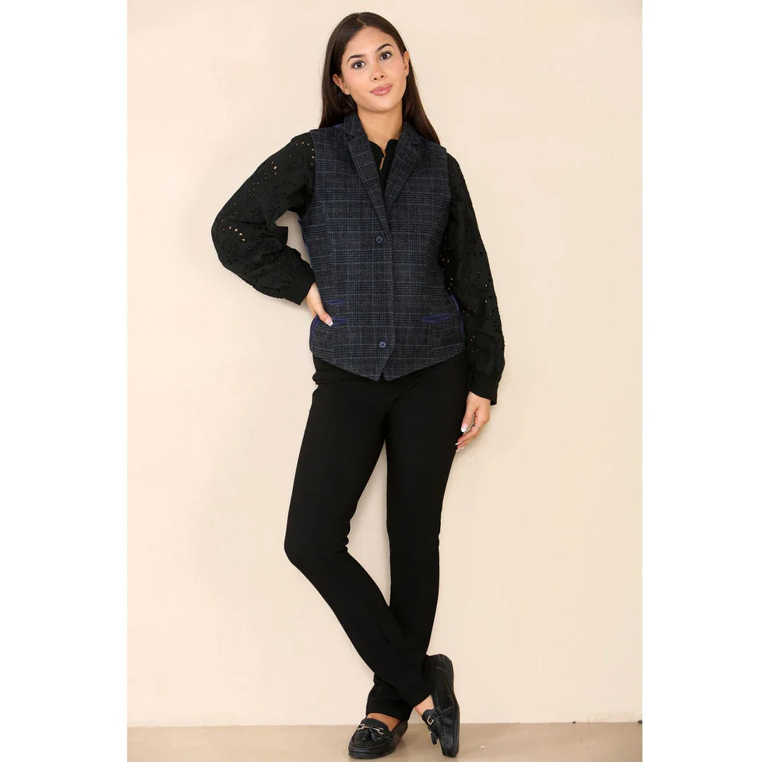 Women's Tweed Check Waistcoat Blue Suit