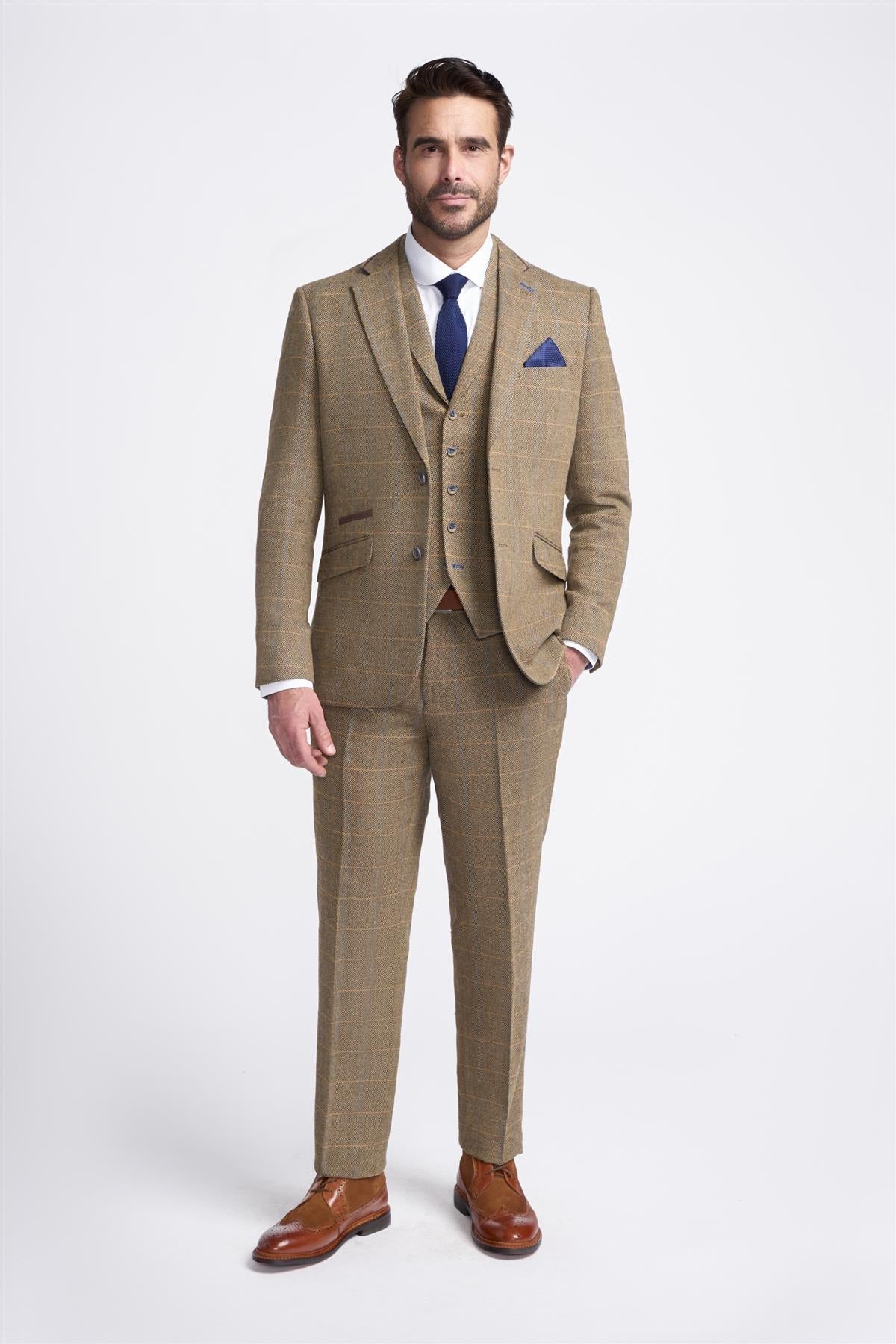 Cavani Albert - Men's Herringbone Tweed Check 3 Piece Suit - Tan Brown