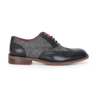 Albert - Men's Black Leather Tweed Detailing Brogue Shoes