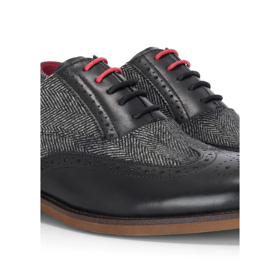 Albert - Men's Black Leather Tweed Detailing Brogue Shoes
