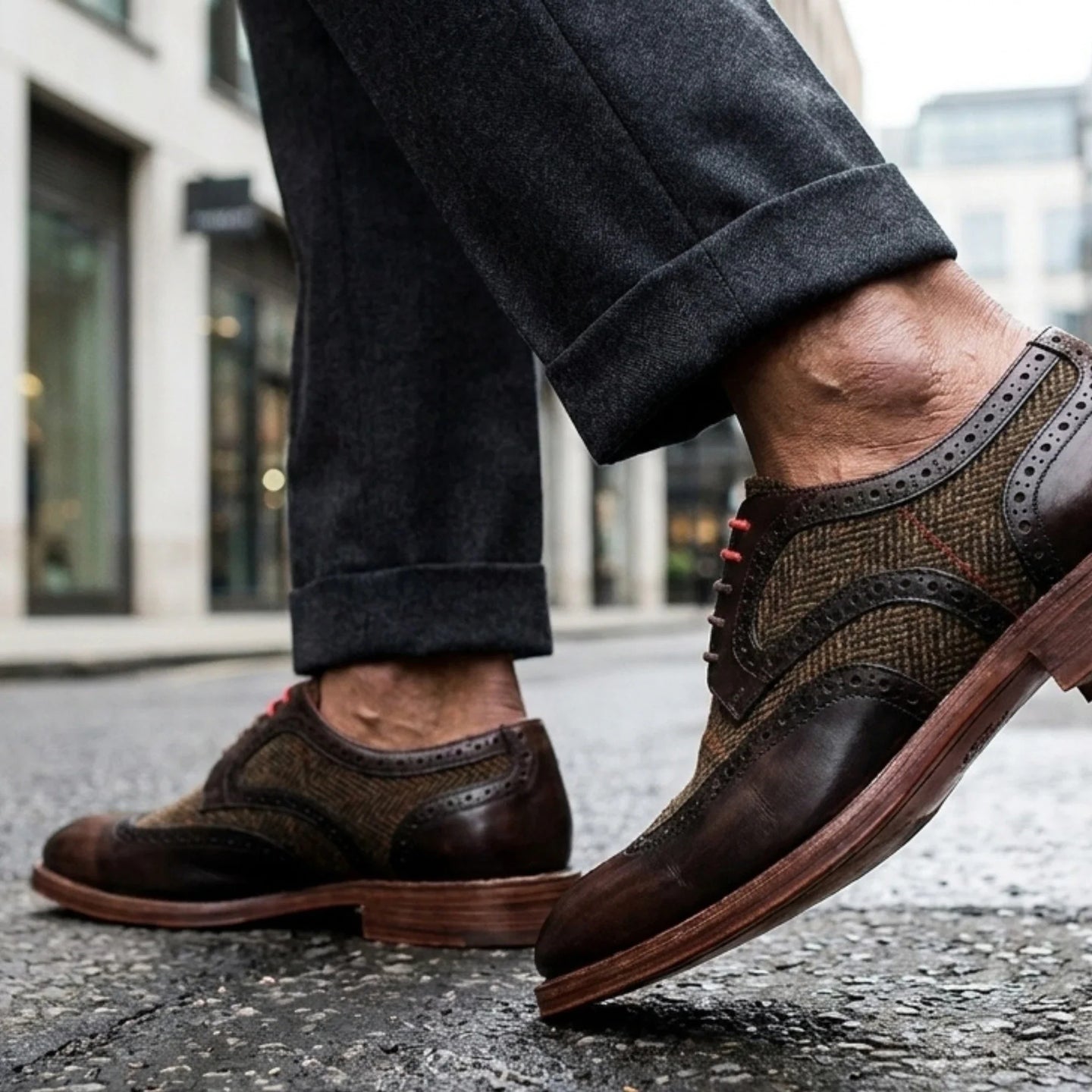 Arlo - Men's Brown Leather Tweed Brogue Shoes