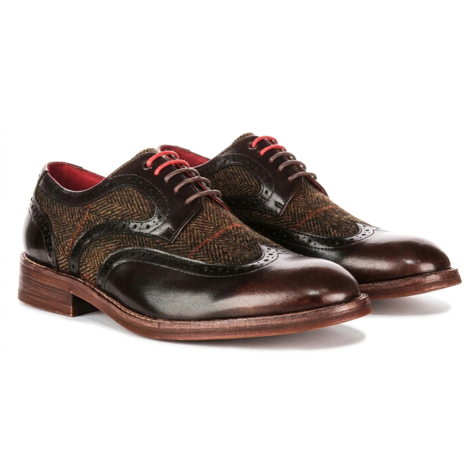 Arlo - Men's Brown Leather Tweed Brogue Shoes