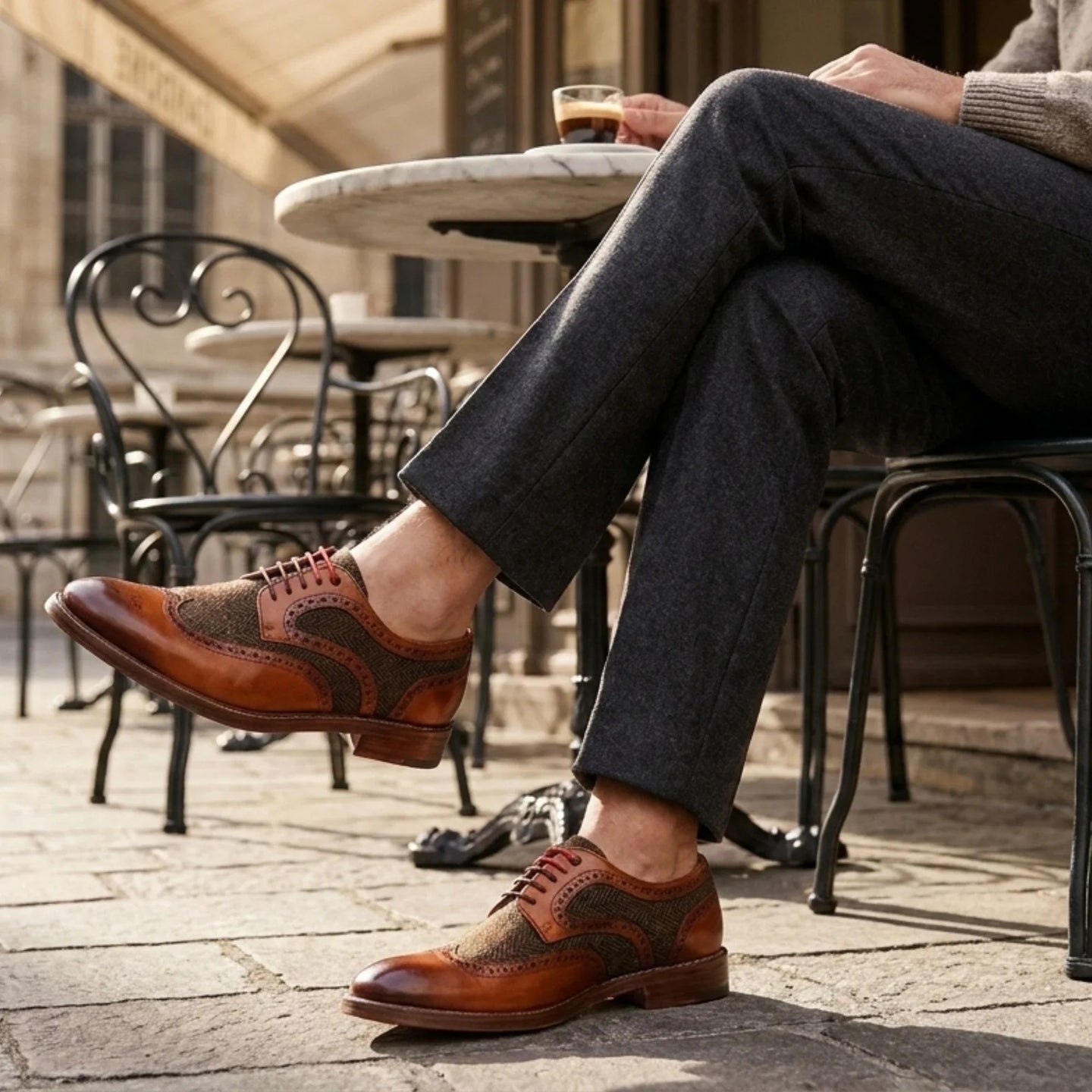 Arlo - Men's Tan Leather Tweed Brogue Shoes