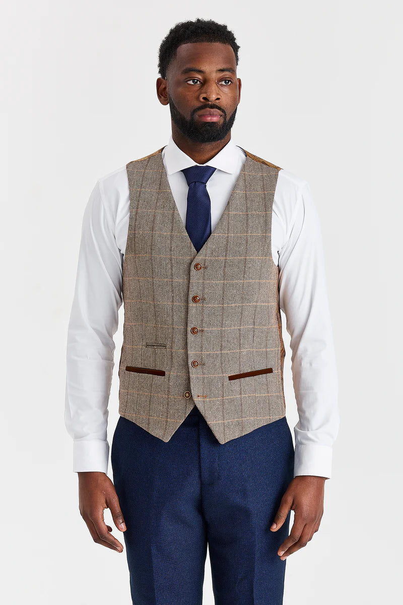 Arthur Navy Suit with Harris Brown Contrasting Tweed Waistcoat