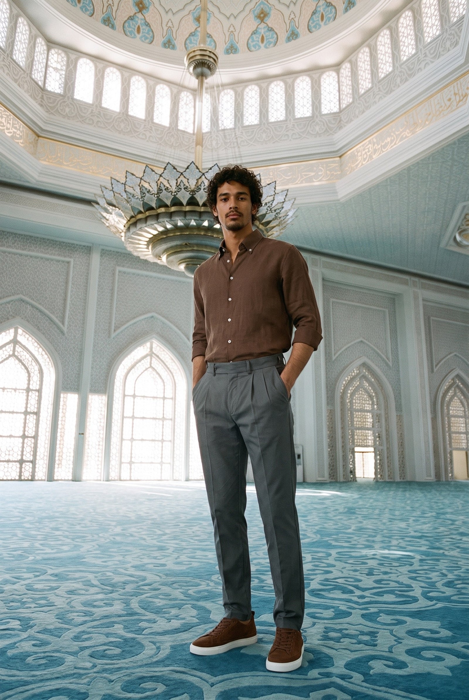 Look #1021 styled with Men’s Dark Brown Pure Linen Shirt Long Sleeve Button-Down Summer Shirt