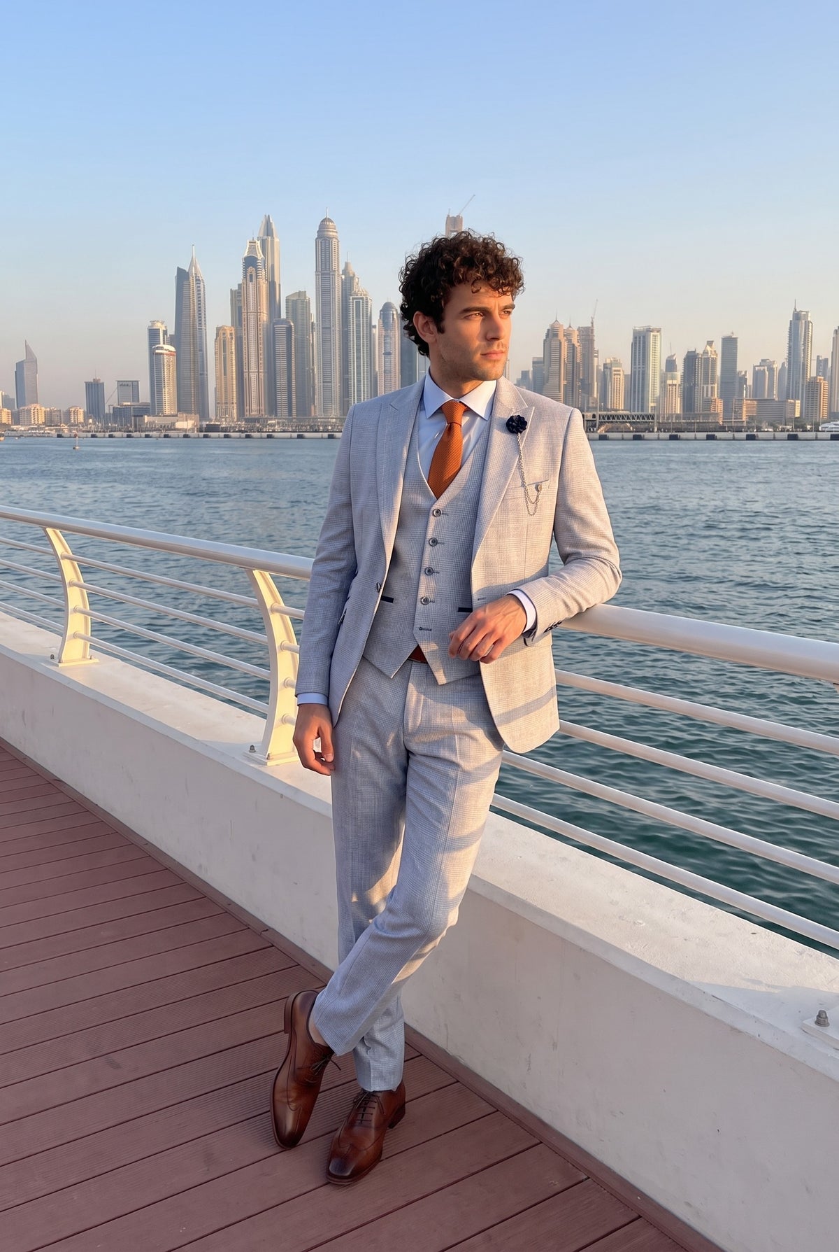 Look #1008 styled with Mens 3 Piece Check Suit Tweed Light Blue Tailored Fit Wedding Peaky Classic