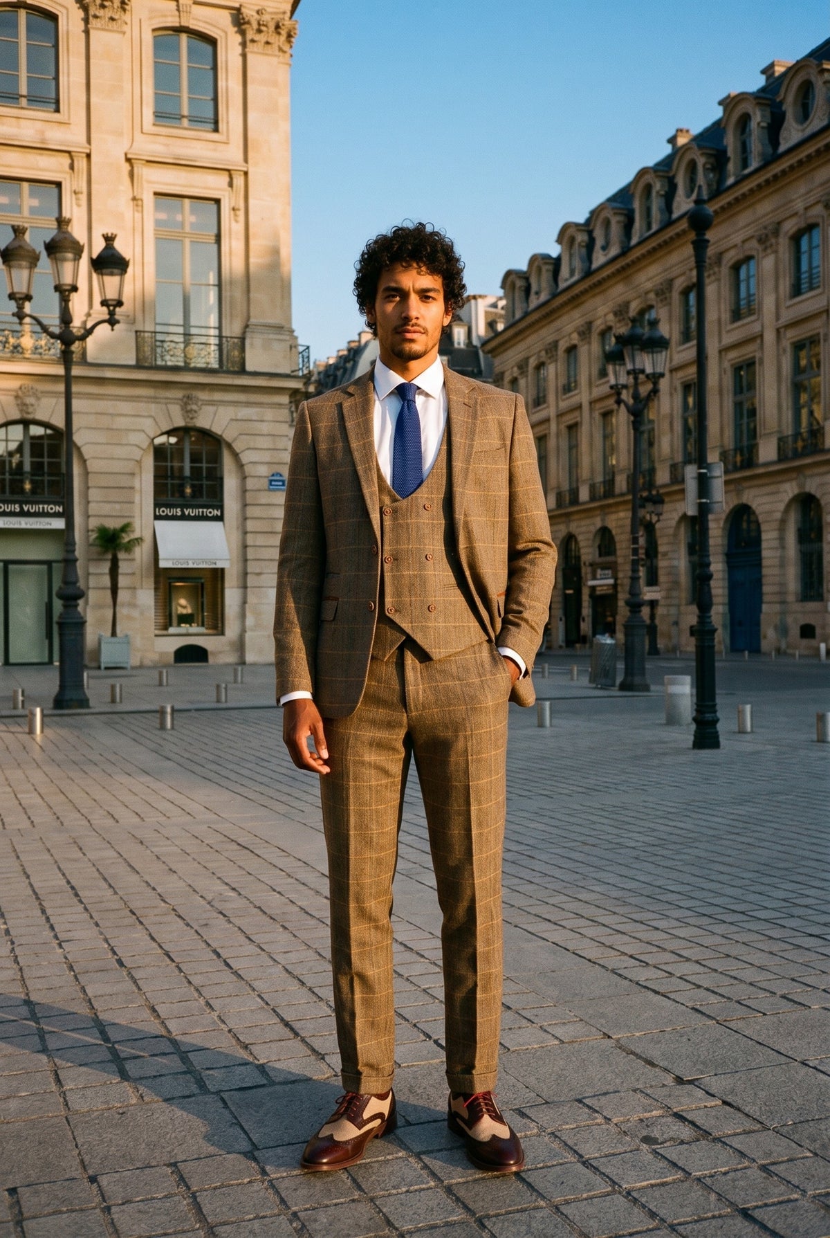 Look #983 styled with Mens 3 Piece Herringbone Tweed Tan Brown Check Suit Tailored Fit Double Classic