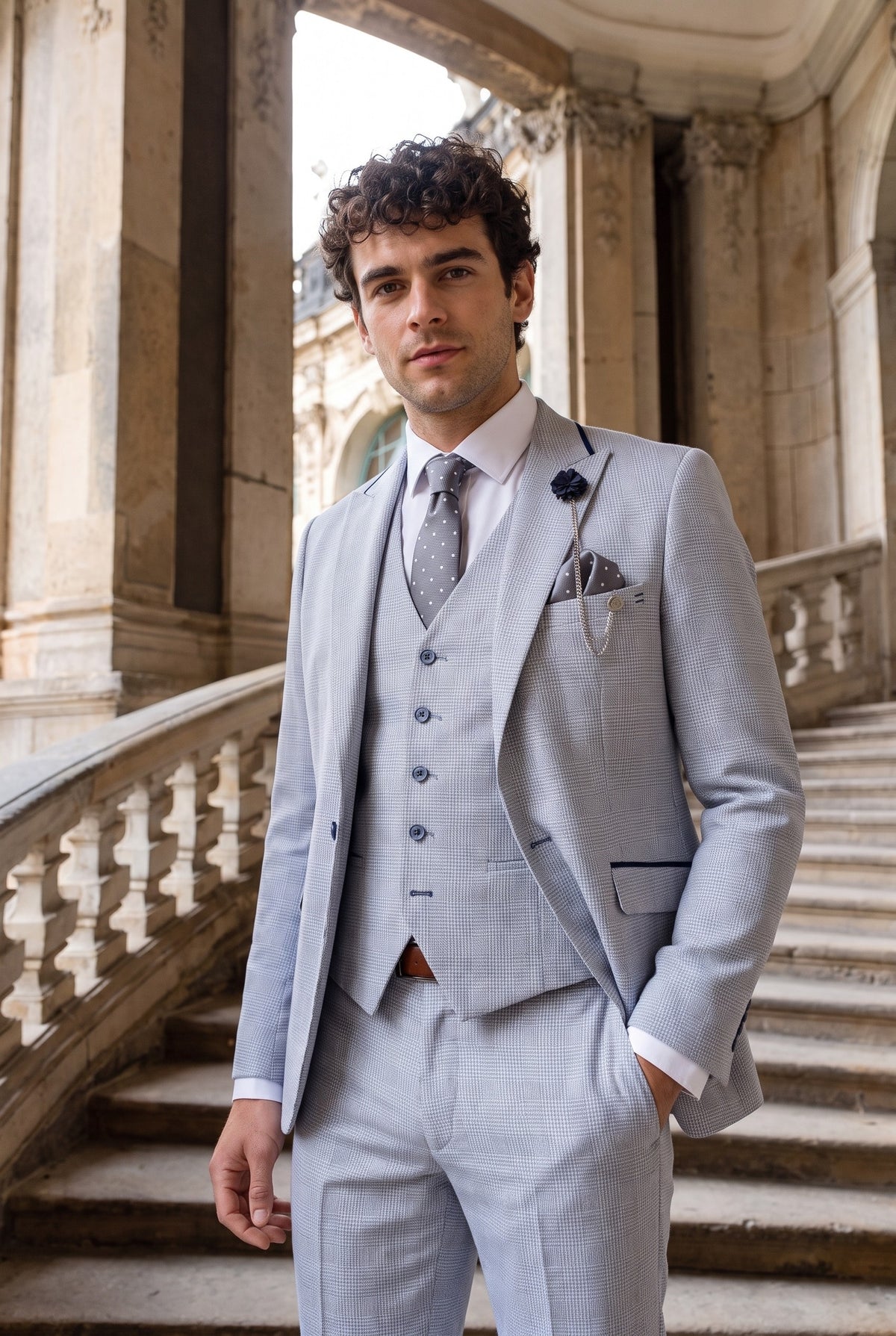 Look #950 styled with Mens 3 Piece Check Suit Tweed Light Blue Tailored Fit Wedding Peaky Classic