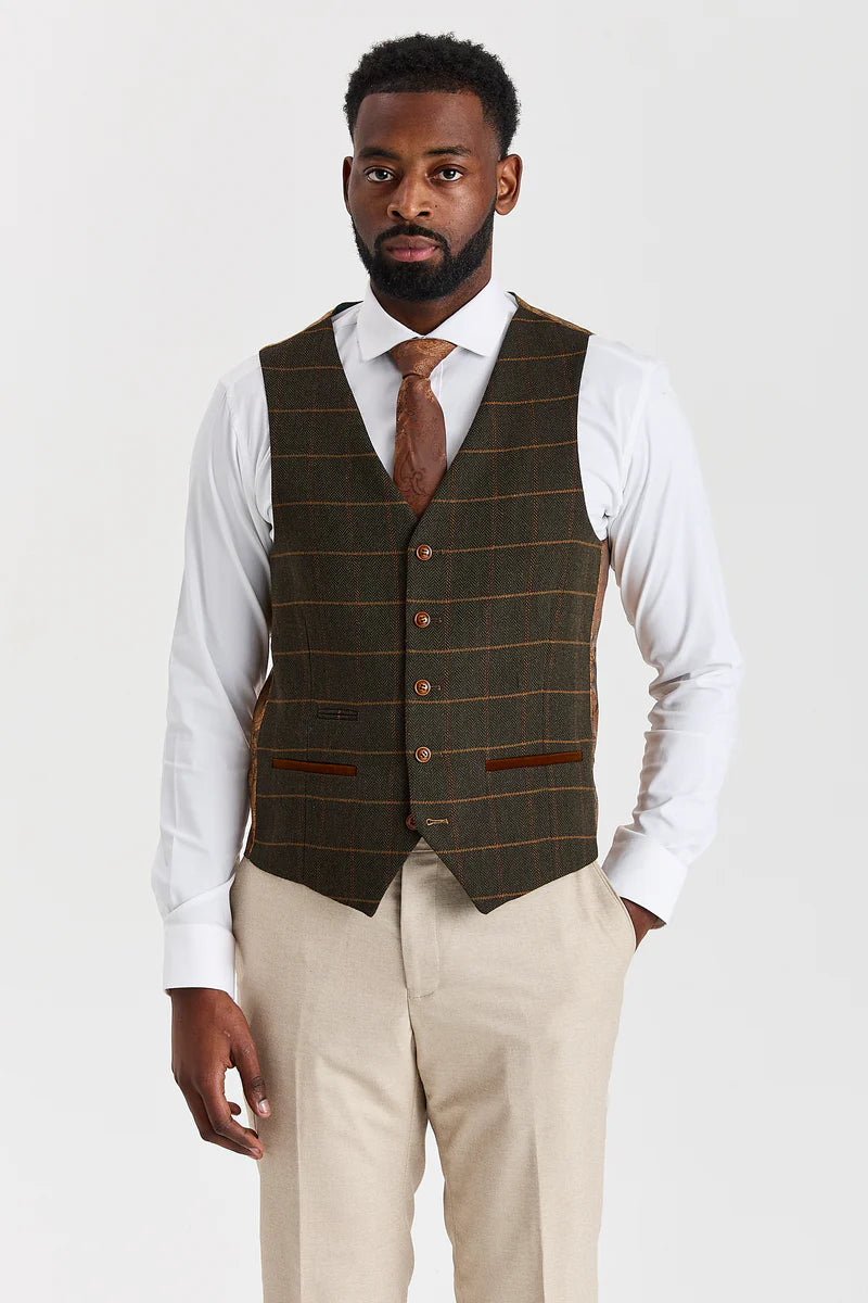 Belmont Beige Suit with Harris Green Tweed Waistcoat