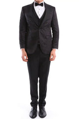 Mens 3 Piece Black Tuxedo Formal Wedding Prom Party Satin Bow Tie Dinner Suit